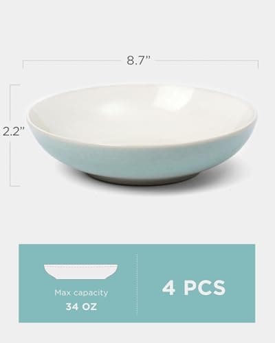 Famiware Glacier Series 8.7" Stoneware Pasta Bowls Set of 4, 34oz, Microwave & Dishwasher Safe, Aqua