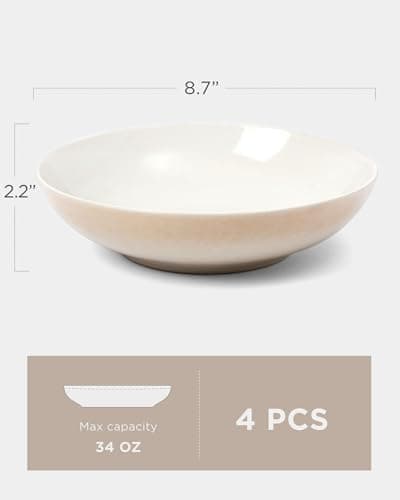 Famiware Glacier Series Honey Beige 8.7" Stoneware Pasta Bowls Set of 4, 34oz Microwave & Dishwasher Safe