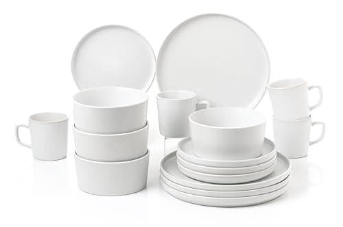 Lorren Home Trends 16-Piece White Stoneware Dinnerware Set, Microwave and Dishwasher Safe