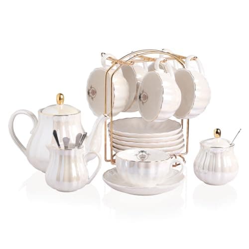 Sweejar British Royal Porcelain Tea Set, 8oz Cups & Saucer for 6 Guests, Teapot Included — Coral White