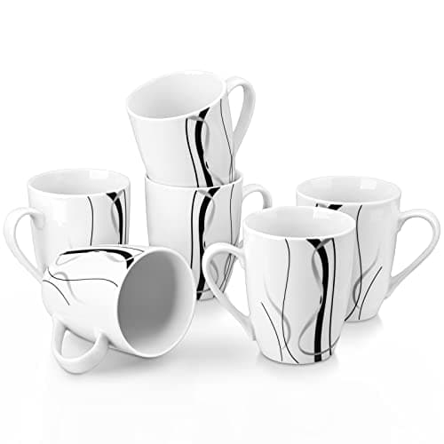 6-Piece Ceramic Coffee Mugs Set, 11 OZ, White Porcelain Cups, Microwave Dishwasher Safe for Kitchen - Fiona Series