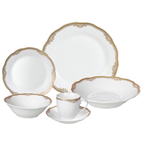 Lorren Home Trends Catherine 24-Piece Porcelain Dinnerware Set, Gold