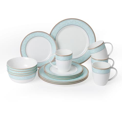 Fine Bone China 16-Pcs Dinnerware Set, Classic Relief Gilt Edged Porcelain — blue-green