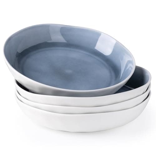 LERATIO Ceramic Large Salad Bowls Set of 4, 30 Oz Microwave & Oven Safe White — Sea Wave-Blue