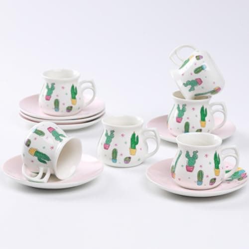 GuangYang Porcelain Espresso Cups & Saucers, 2.5 Ounce, Cactus Pattern, Set of 6