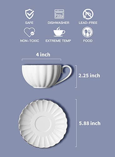 Amazingware Royal Porcelain Tea Cups & Saucers, Gold Trim, Gift Box, Set of 6 (8 oz) - White