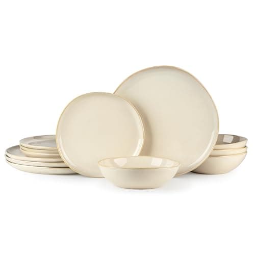 AmorArc Ceramic Dinnerware Set, Handmade Reactive Glaze Plates & Bowls, Chip & Crack Resistant, Dishwasher & Microwave S — Vanilla White