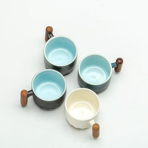 Set of 2 Ceramic Espresso Cups with Wooden Handle-Small Tea Cups