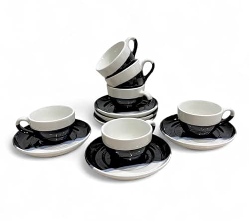 6-Piece Blue Ceramic Espresso Cup Set with Saucers, Microwave & Dishwasher Safe for Latte & Macchiato — Black