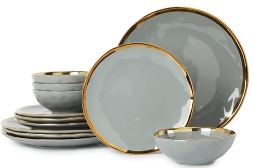 Luxury Gold Rim Porcelain Plate & Bowl Sets, 12-Piece Dinnerware for 4, No Microwave Safe — Grey and Gold