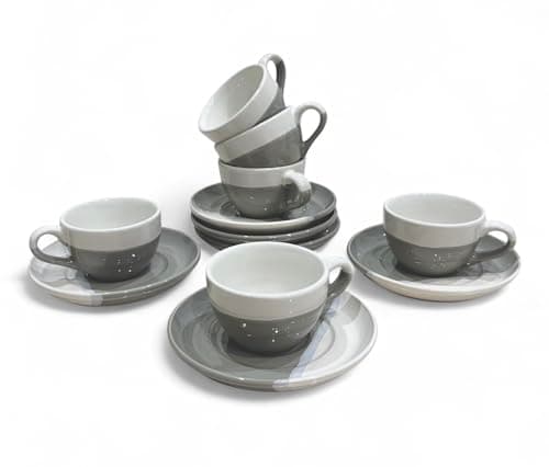 6-Piece Blue Ceramic Espresso Cup Set with Saucers, Microwave & Dishwasher Safe for Latte & Macchiato — Gray