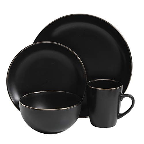 Gibson Home Rockaway Round Stoneware Dinnerware Set, Black/Gold Rim (4 Servings)