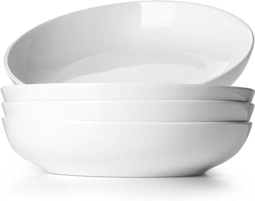 LIFVER 9.75" Ceramic Pasta Bowls Set of 4, 50 Ounces, Microwave & Dishwasher Safe, White