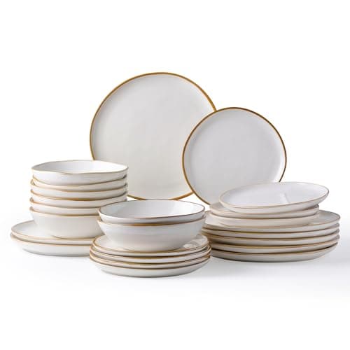 AmorArc Ceramic Dinnerware Set, Handmade Reactive Glaze Plates & Bowls, Chip & Crack Resistant, Dishwasher & Microwave S — Pearl White