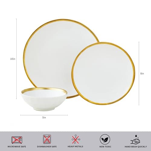Luxury Gold Rim Porcelain Plate & Bowl Sets, 12-Piece Dinnerware for 4, No Microwave Safe