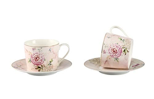Vintage Peony Flower Design Porcelain Tea Cups and Saucers, Set of 2 - 7 Ounce (220ml) - 4 Pieces