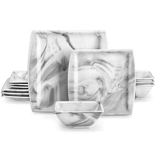 MALACASA 12-Piece Marble Grey Dinnerware Set for 4 - Square Plates and Bowls for Dessert, Salad, and Soup