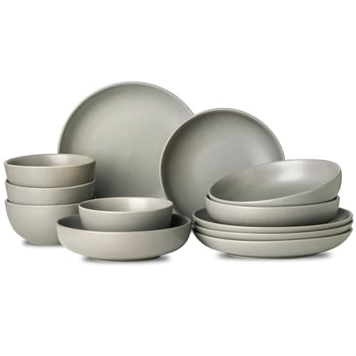 Ceramic Dinnerware Set for 4, White, Dishwasher & Microwave Safe — Matte Gray