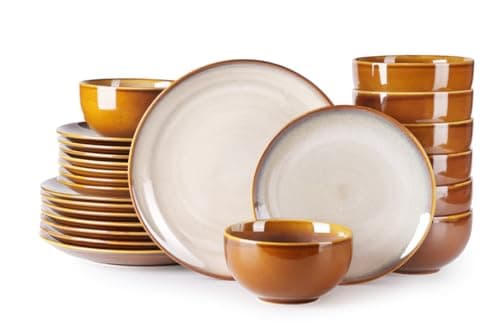 LERATIO Oven & Dishwasher Safe Ceramic Dinnerware Set for 6, Blue(18PCS) — Dreamy Moonlight-Kahki