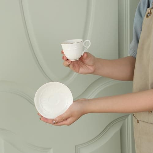 Handcrafted 3-Ounce Porcelain Espresso Cups & Saucers, Golden Trim, Set of 6
