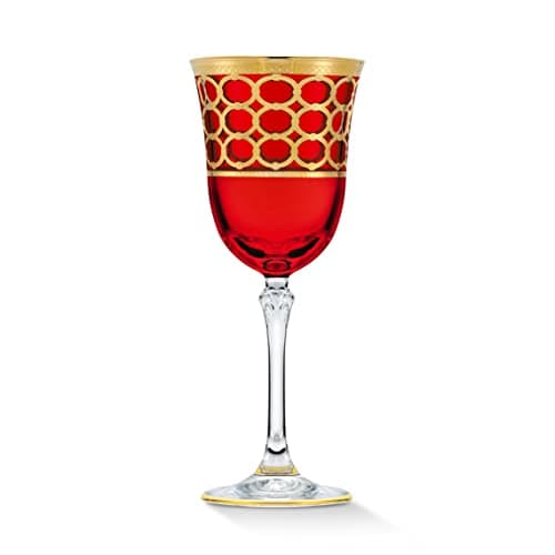 Lorren Home Deep Red White Wine Goblet with Gold Rings, Set of 4