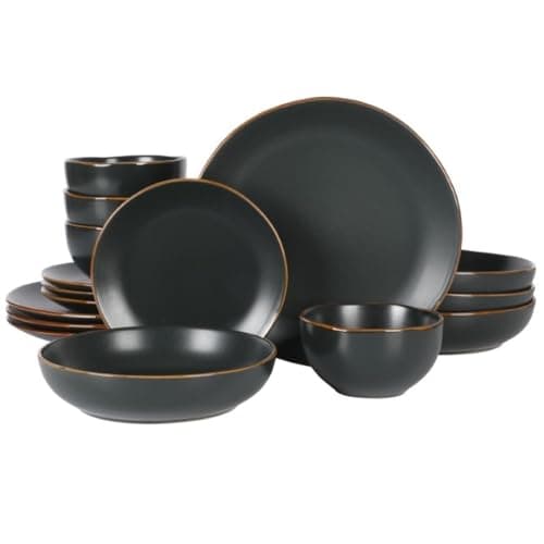 Gibson Home Rockaway Round Stoneware Dinnerware Set, Blue (4 Servings) — Black (Hazeltine)