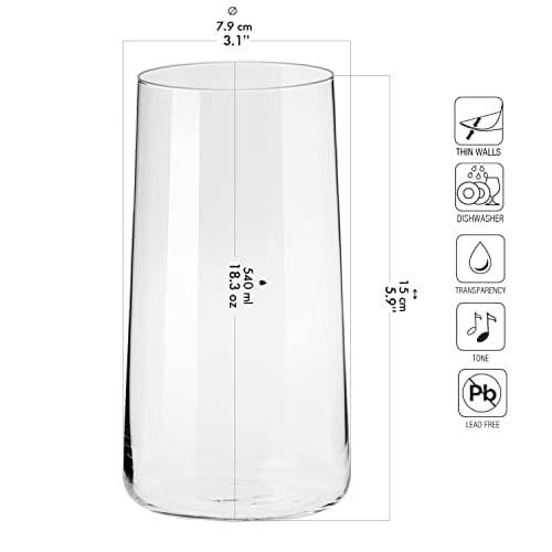 Set of 6 Krosno Tall Crystal Water Glasses, 18.3 oz, Dishwasher Safe, Made in Europe