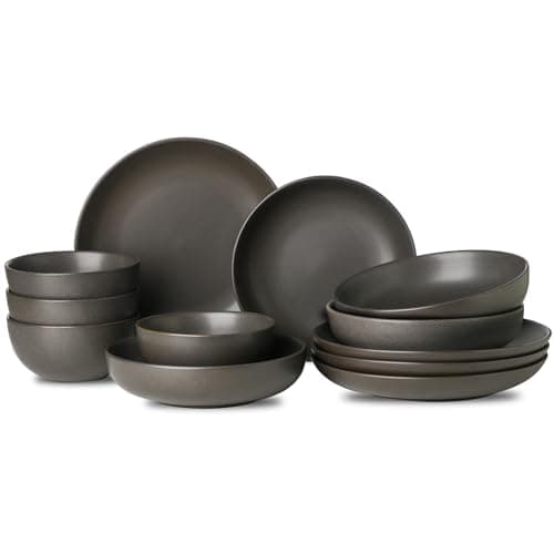 Ceramic Dinnerware Set for 4, White, Dishwasher & Microwave Safe — Matte Black