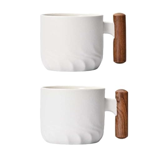 Set of 2 Ceramic Espresso Cups with Wooden Handle-Small Tea Cups — White