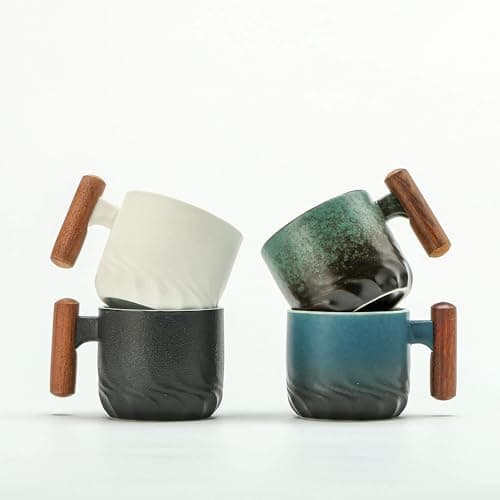 Set of 2 Ceramic Espresso Cups with Wooden Handle-Small Tea Cups