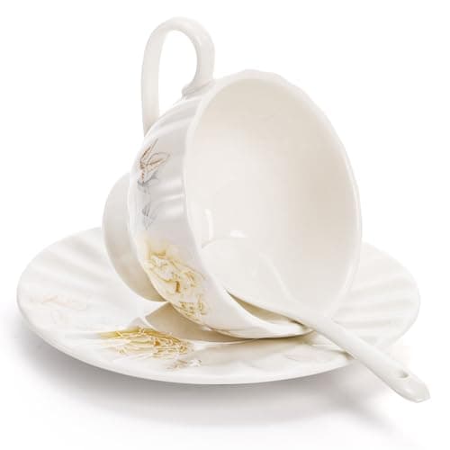 Floral Tea Cups and Saucers Set of 6, White Porcelain, Microwave Safe