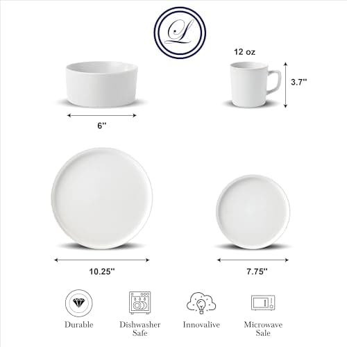 Lorren Home Trends 16-Piece White Stoneware Dinnerware Set, Microwave and Dishwasher Safe