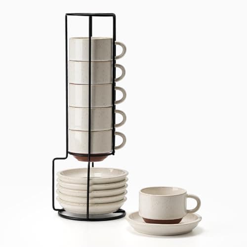 Stackable Espresso Cups Set with Saucers and Stand, 4 oz, Set of 4 — White