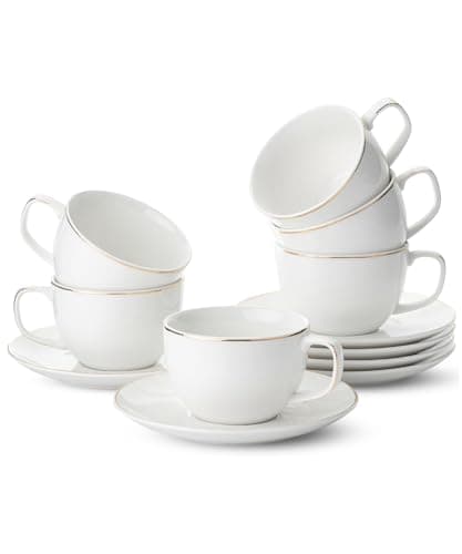 6-Piece Porcelain Tea Cup and Saucer Set, Floral Design (7oz) — White with gold trim