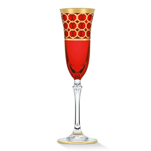 Lorren Home Trends Deep Red Champagne Flutes with Gold Rings, Set of 4