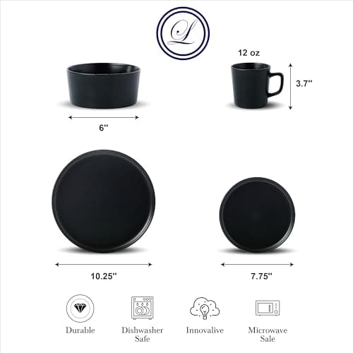 Lorren Home Trends Black Stoneware Dinnerware Set, 16-Piece, Microwave & Dishwasher Safe