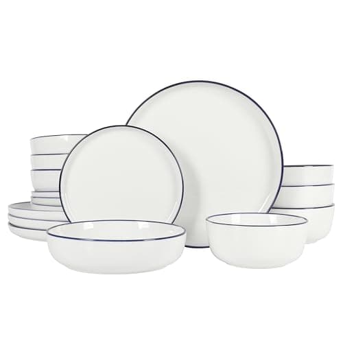 Gibson Home Oslo Porcelain Chip & Scratch Resistant Dinnerware Set, White (16pcs, Service for 4) — White w/ Blue Rim
