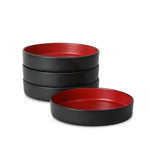 Stoneware Celina Bowl Set, 4-Piece White Pasta Bowls for Kitchen — Red and Black