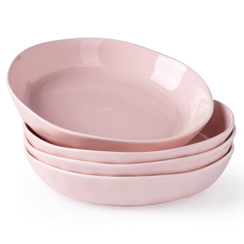 LERATIO Ceramic Large Salad Bowls Set of 4, 30 Oz Microwave & Oven Safe White — Sea Wave-Pink