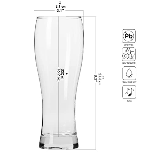 Set of 6 Krosno Tall Beer Pint Glasses - 16.9 oz - Chill Collection - Dishwasher Safe - Made in Europe