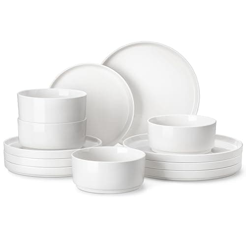 MALACASA LEAH 12-Piece Modern White Porcelain Dinnerware Set, Chip and Scratch Resistant