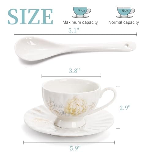 Floral Tea Cups and Saucers Set of 6, White Porcelain, Microwave Safe