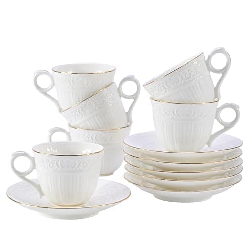 Handcrafted 3-Ounce Porcelain Espresso Cups & Saucers, Golden Trim, Set of 6