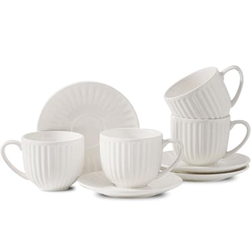 Ceramic Espresso Cups & Saucers, 5 Oz, Set of 4, Small Coffee Mugs Brown — White Stripe