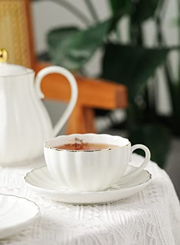 Amazingware Royal Porcelain Tea Cups & Saucers, Gold Trim, Gift Box, Set of 6 (8 oz) - White