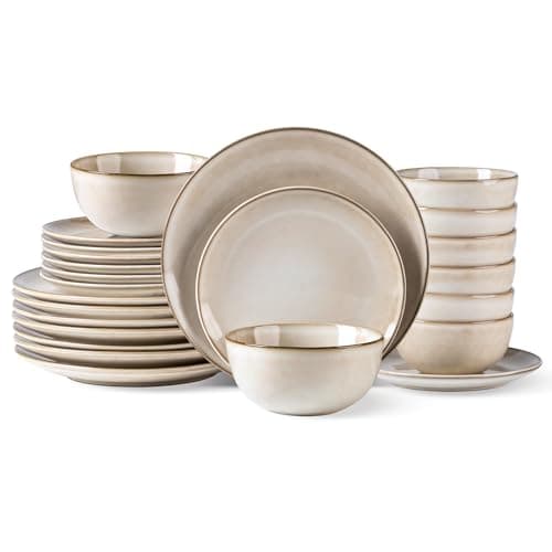 AmorArc Ceramic Dinnerware Set for 4, 12 Pieces Handpainted Stoneware — Cappuccino