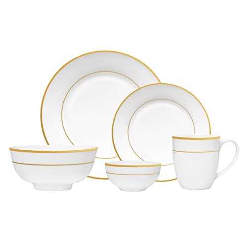 Bone China 20PC Dinner Set, Service for 4, Double Gold Rim, White, Microwave Safe