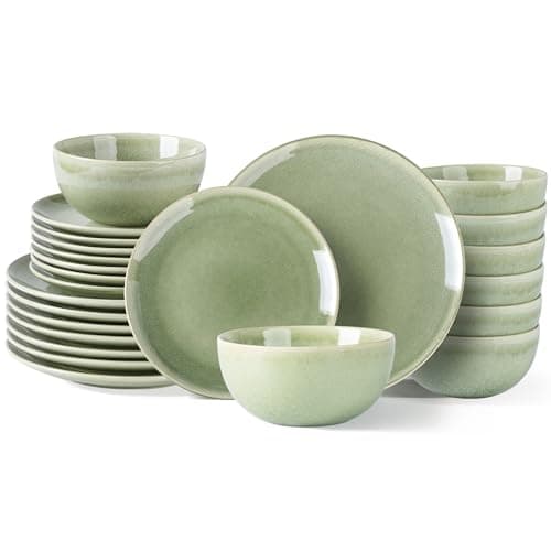 AmorArc Ceramic Dinnerware Set for 4, 12 Pieces Handpainted Stoneware — Olive Green
