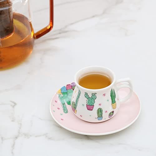 GuangYang Porcelain Espresso Cups & Saucers, 2.5 Ounce, Cactus Pattern, Set of 6