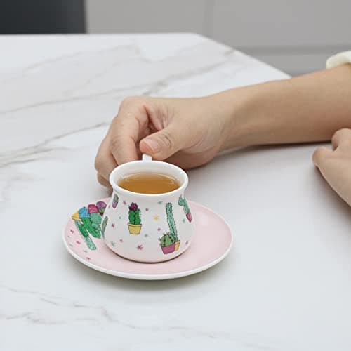 GuangYang Porcelain Espresso Cups & Saucers, 2.5 Ounce, Cactus Pattern, Set of 6